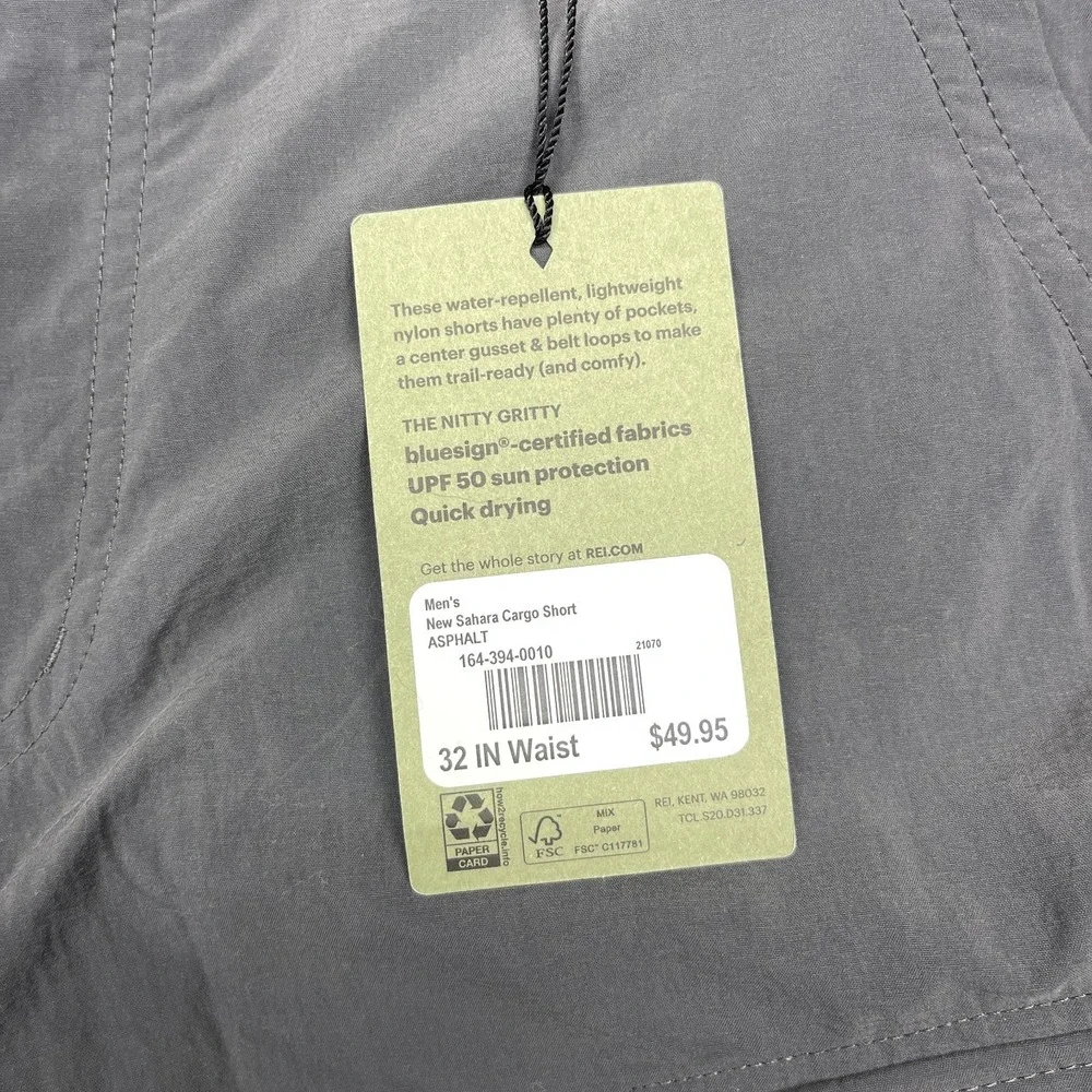 REI Co-op Shorts Mens 32 Asphalt Gray Sahara Cargo Pockets Relaxed Fit UPF 50